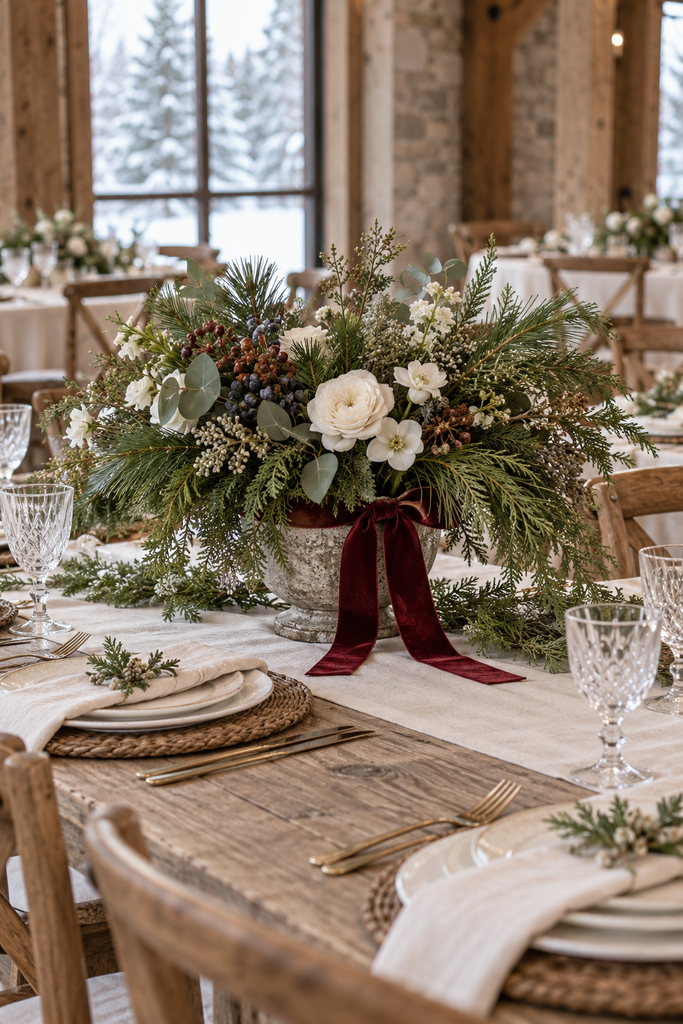 Evergreen arrangement with a velvet ribbon tied around the vase