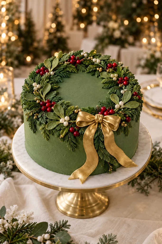 Green buttercream wreath wedding cake with red berries, mistletoe leaves, and gold ribbon