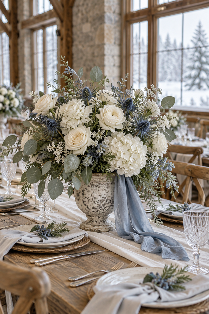 Dusty blue and ivory flowers with silver-green foliage in a weathered vessel