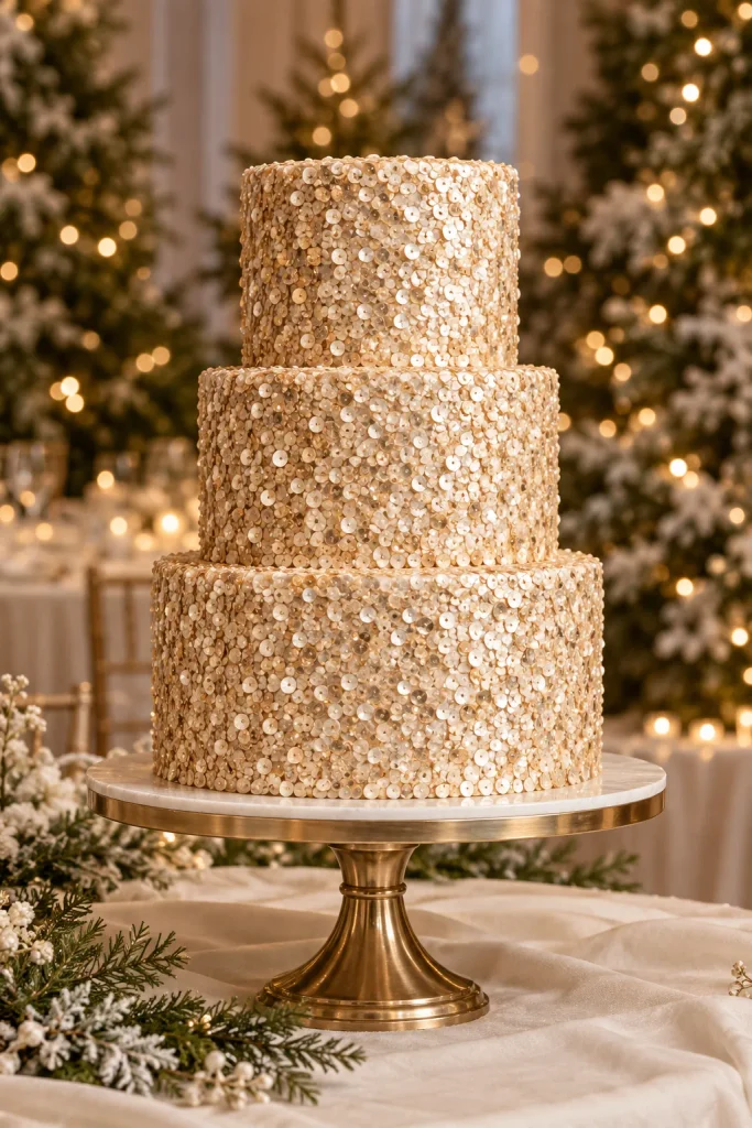 Champagne-toned wedding cake covered in shimmering edible sequins