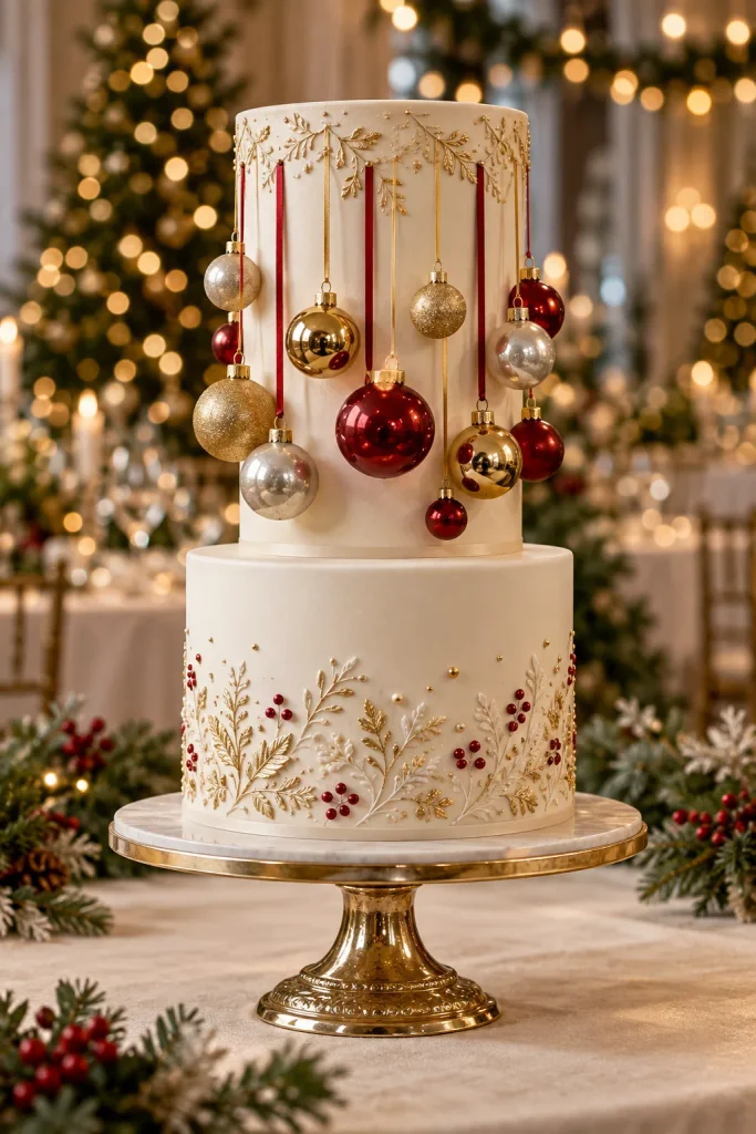 Tall wedding cake with glossy edible baubles in silver, gold, and red hanging from ribbons