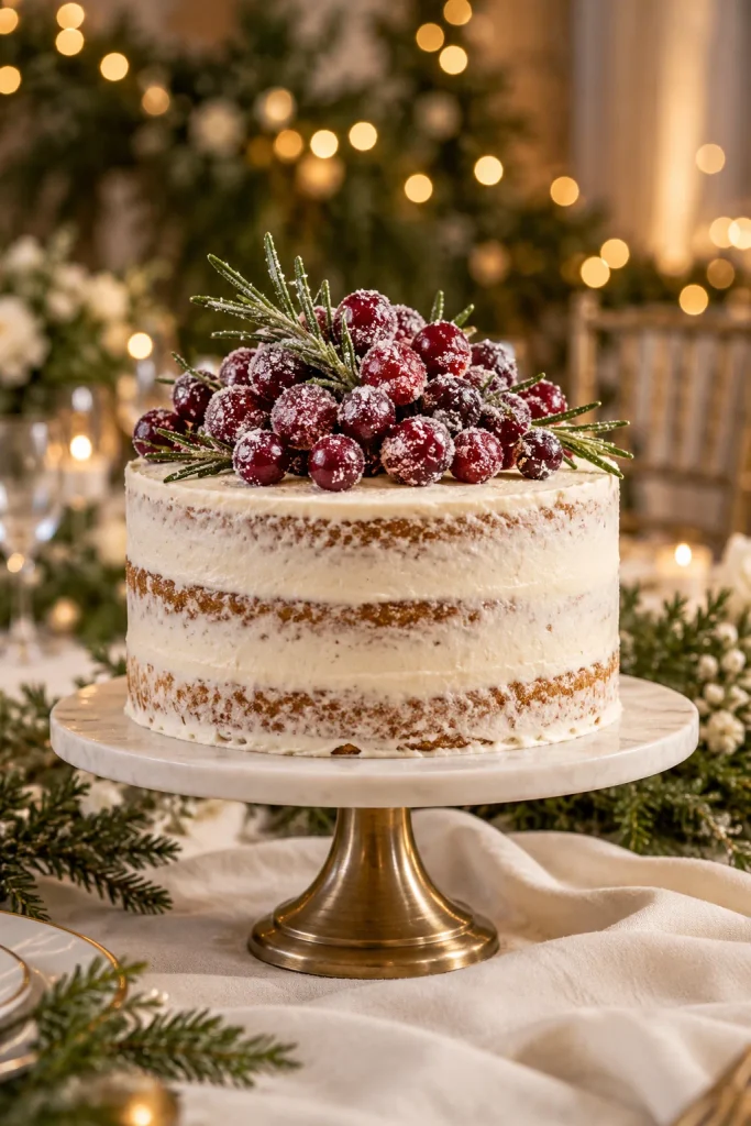 Single-tier semi-naked wedding cake topped with sugared cranberries and rosemary