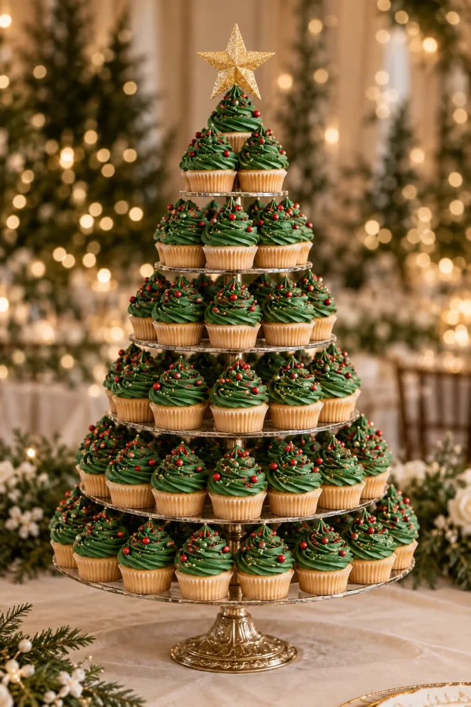 Christmas tree cupcake tower with green frosting swirls, red sprinkles, and a gold star