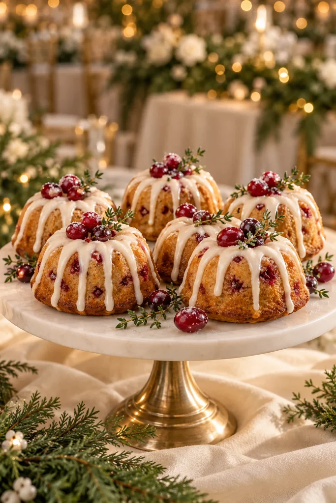 Mini bundt cakes with white icing drizzle, cranberries, and thyme sprigs on a platter