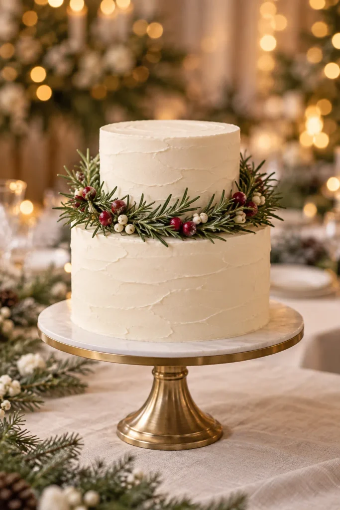 Small two-tier wedding cake with a fresh rosemary wreath and red berries on the top tier
