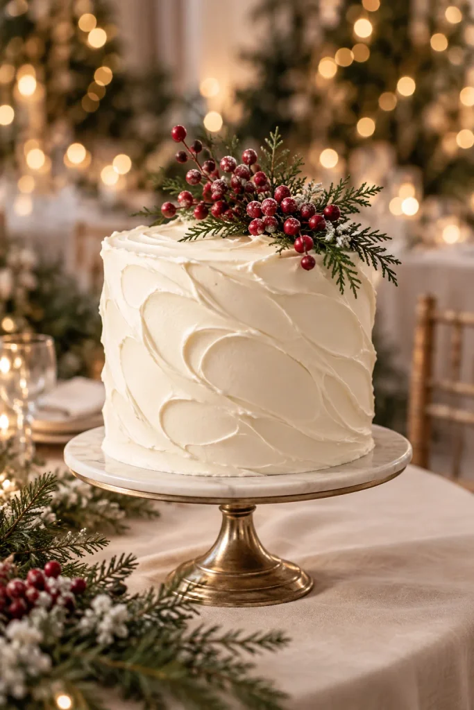 Round buttercream wedding cake with soft white swoops and red winter berry sprigs