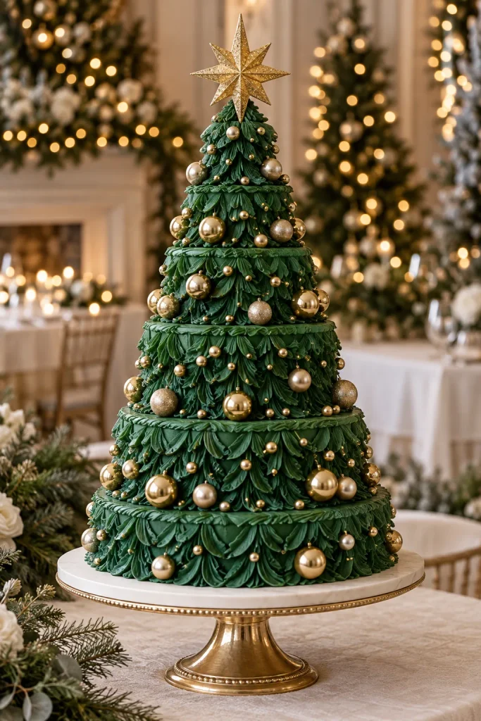 Christmas tree shaped tiered wedding cake in green frosting with gold ornaments and a star topper