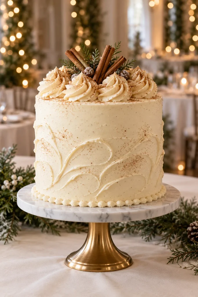 Eggnog spice wedding cake with nutmeg-dusted buttercream swirls and cinnamon sticks