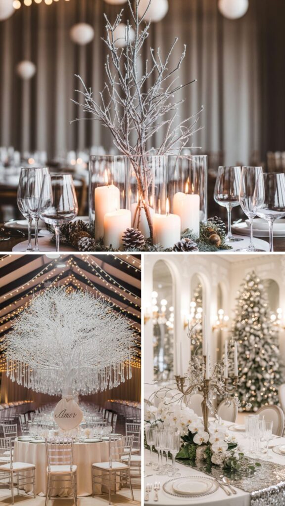 Winter wedding reception with warm lighting and cozy accents

