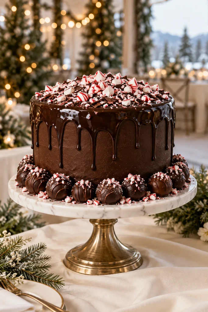 Dark chocolate peppermint truffle wedding cake with glossy ganache and truffles around the base