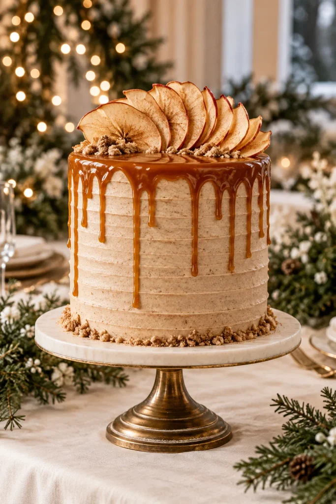 Salted caramel apple spice wedding cake with caramel drip and fanned dried apple chips