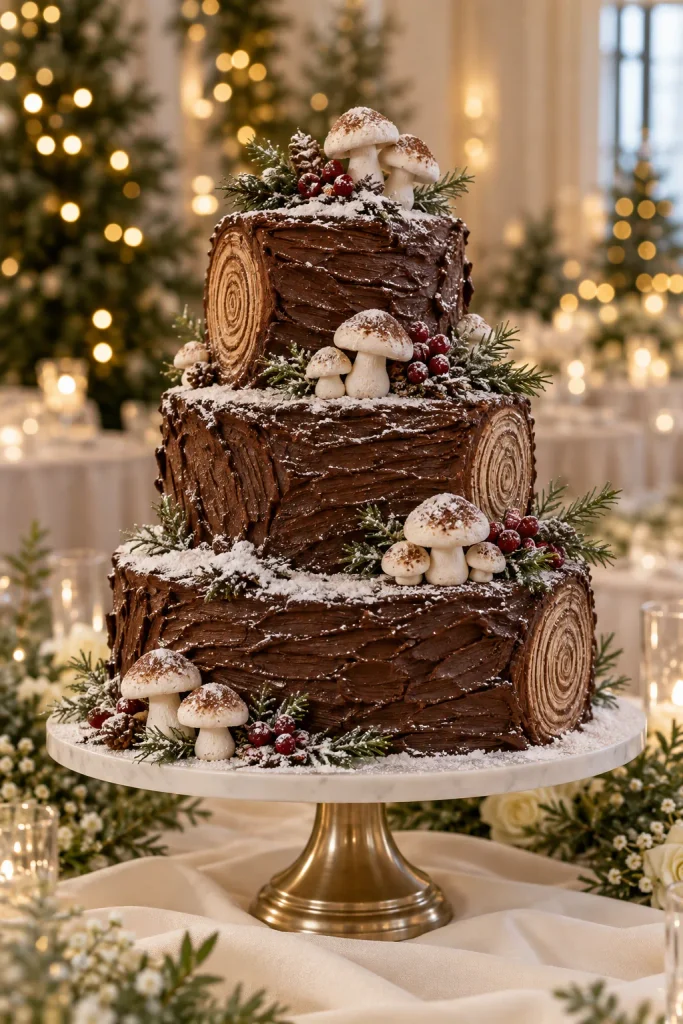 Stacked chocolate yule log wedding cake with ganache bark, meringue mushrooms, and powdered sugar snow