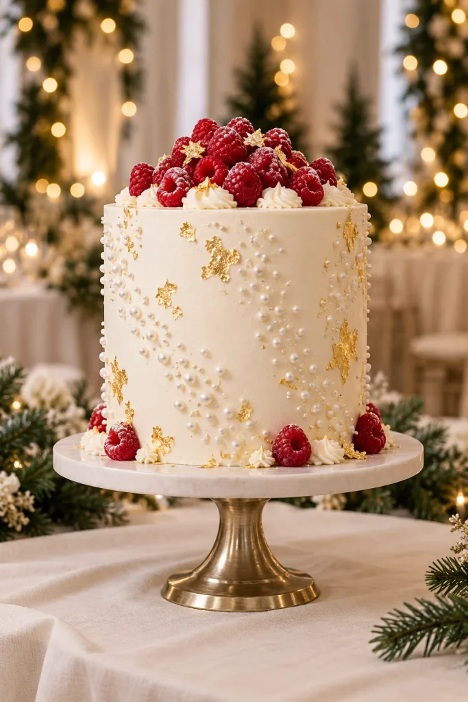 White champagne raspberry wedding cake with fresh raspberries, gold flakes, and white chocolate pearls