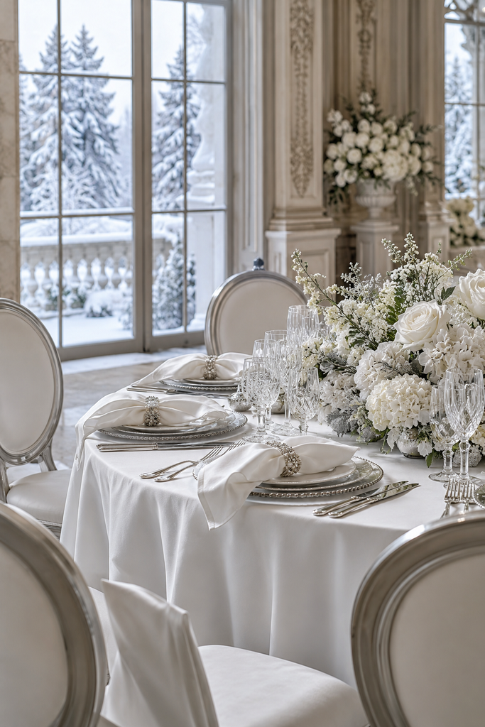 All-white winter wedding reception with silver accents