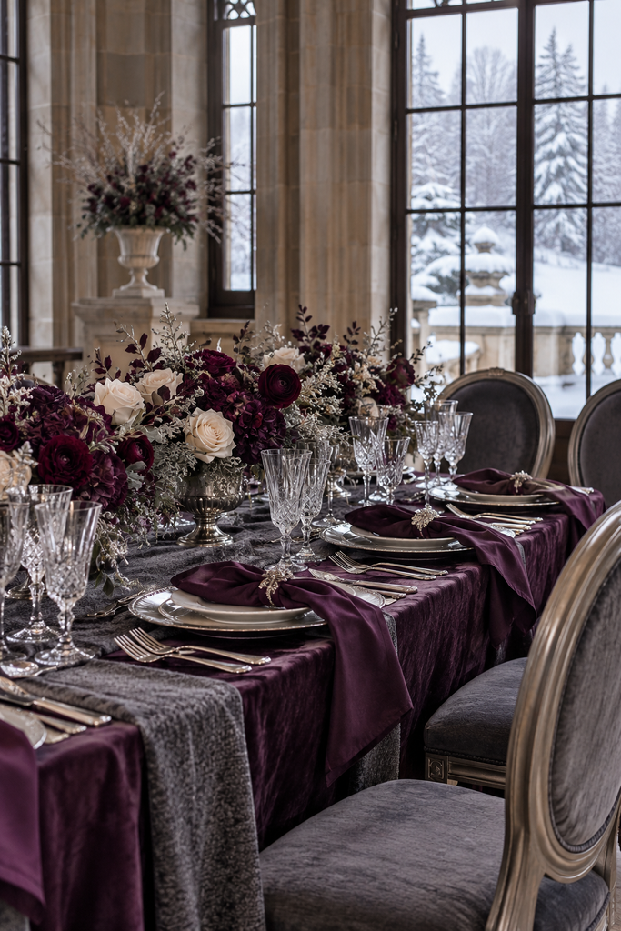 Aubergine, charcoal, and silver winter wedding