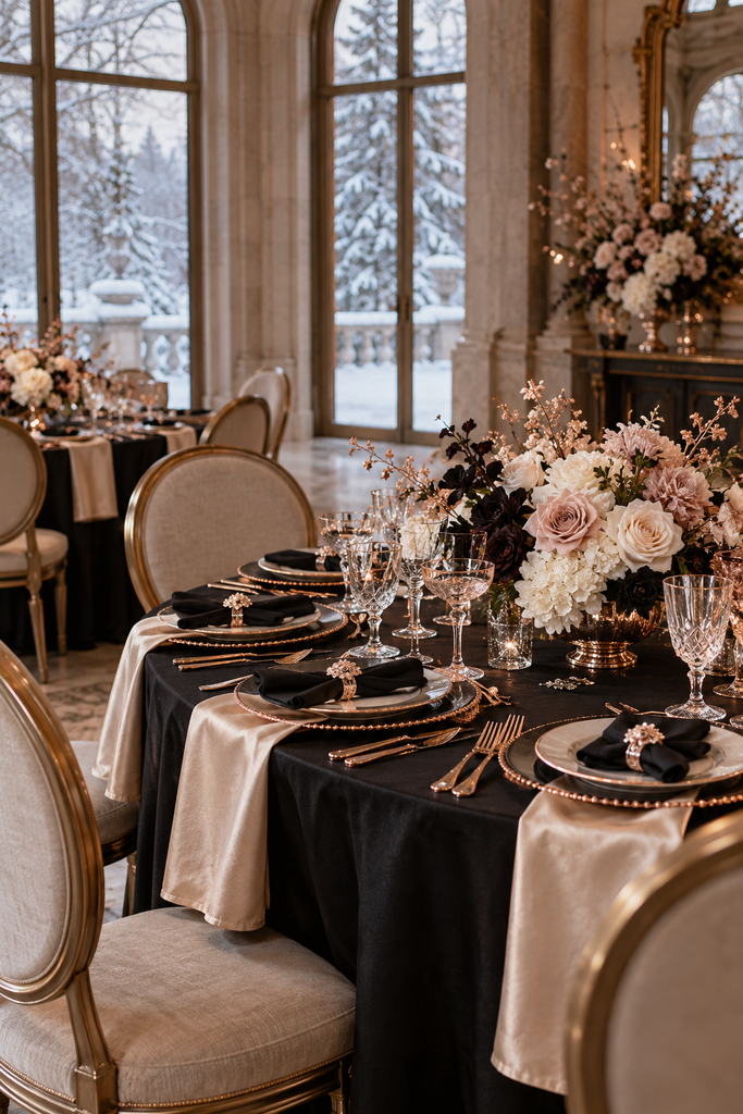 Black, champagne, and rose gold winter wedding reception