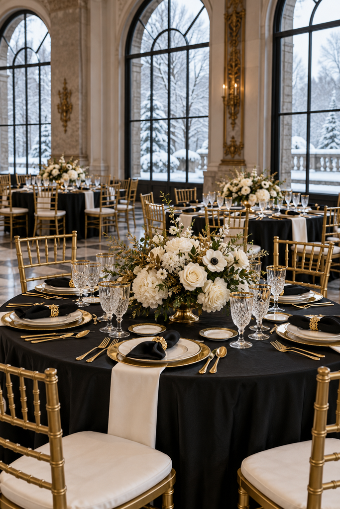 Black, white, and gold winter wedding reception