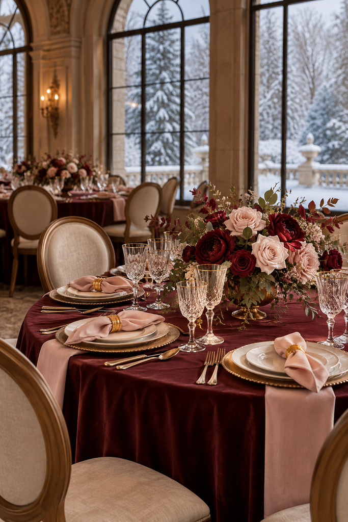 Burgundy, blush, and champagne winter wedding table