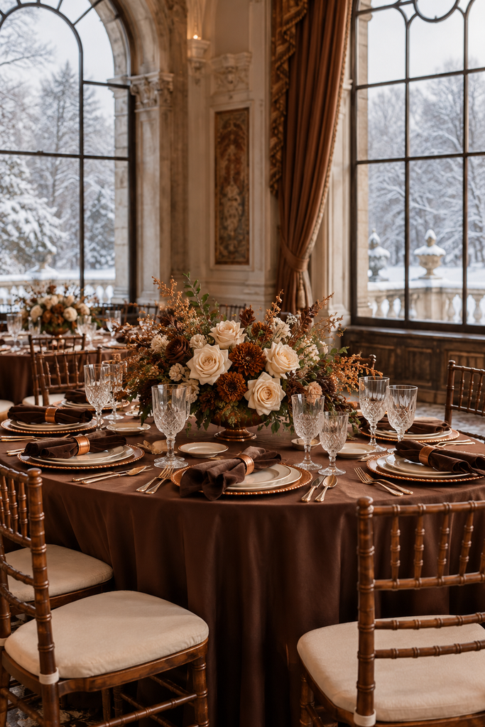 Chocolate brown, copper, and cream winter wedding reception