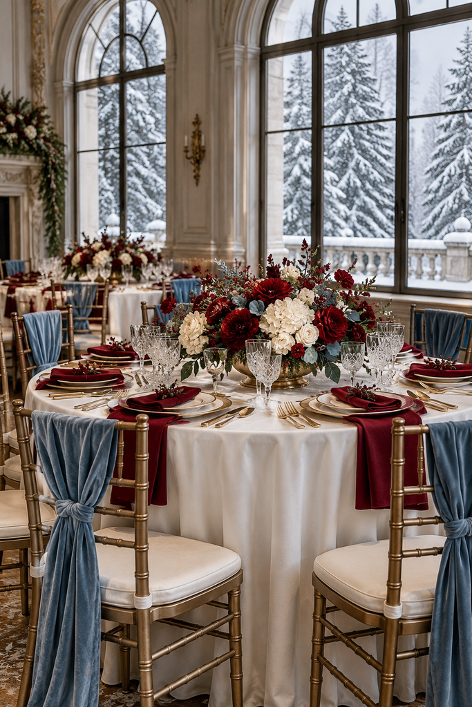 Cranberry, dusty blue, and ivory winter wedding reception
