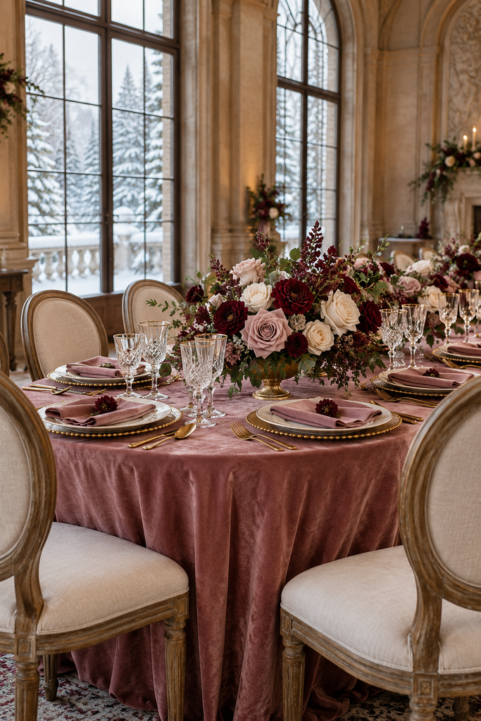 Dusty rose, burgundy, and warm ivory wedding reception