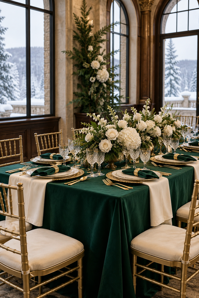 Emerald green, ivory, and gold winter wedding reception table setting