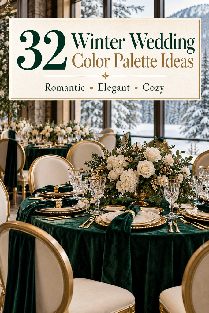 Emerald, ivory, and gold winter wedding color palette