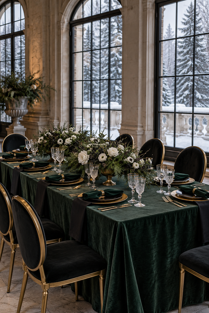 Evergreen, black, and brass winter wedding