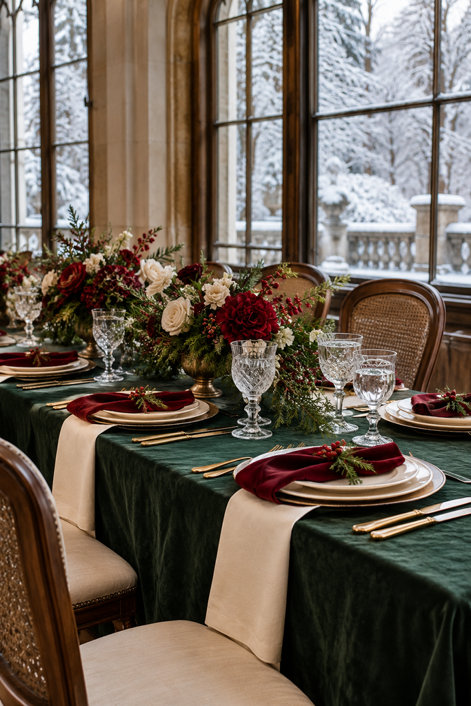 Forest green, cranberry, and cream winter wedding decor