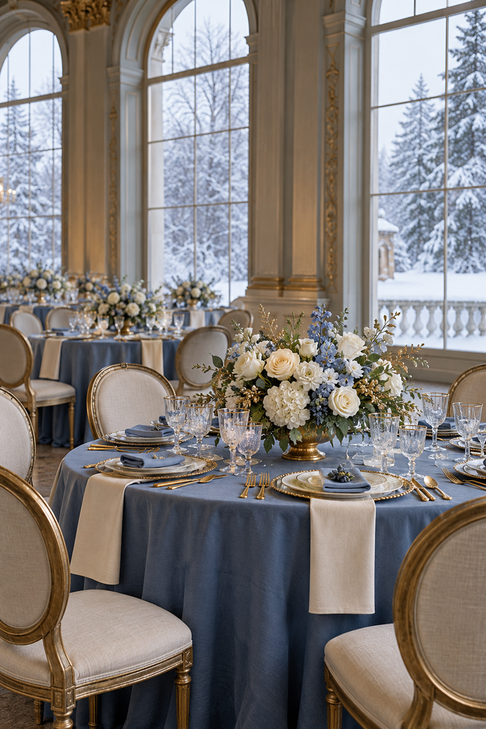 French blue, cream, and antique gold winter wedding reception