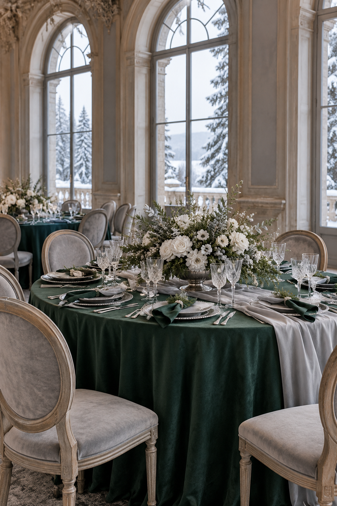 Juniper green, mist grey, and silver winter wedding