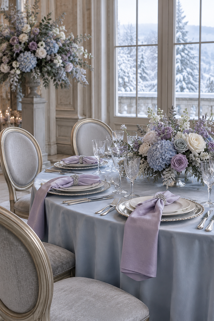 Lavender, frosted blue, and silver winter wedding reception