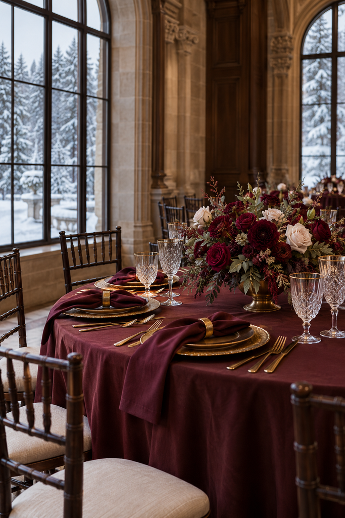 Merlot, espresso, and soft gold winter wedding table