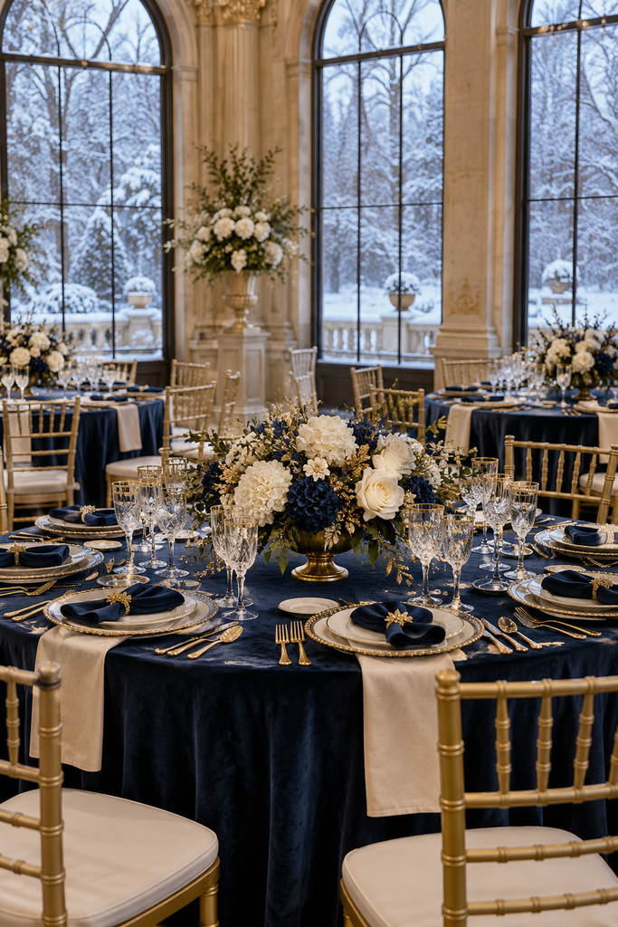 Midnight blue, champagne, and gold winter wedding