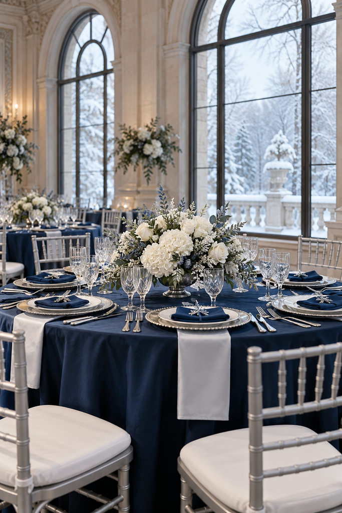 Navy blue, silver, and white winter wedding reception