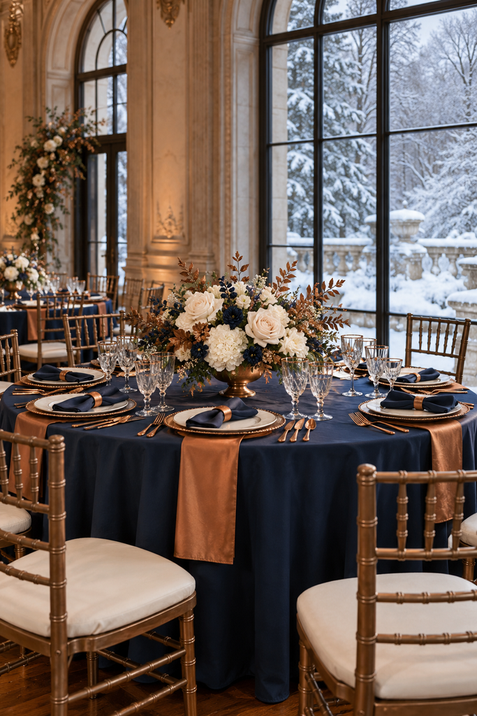 Navy blue, copper, and ivory winter wedding reception