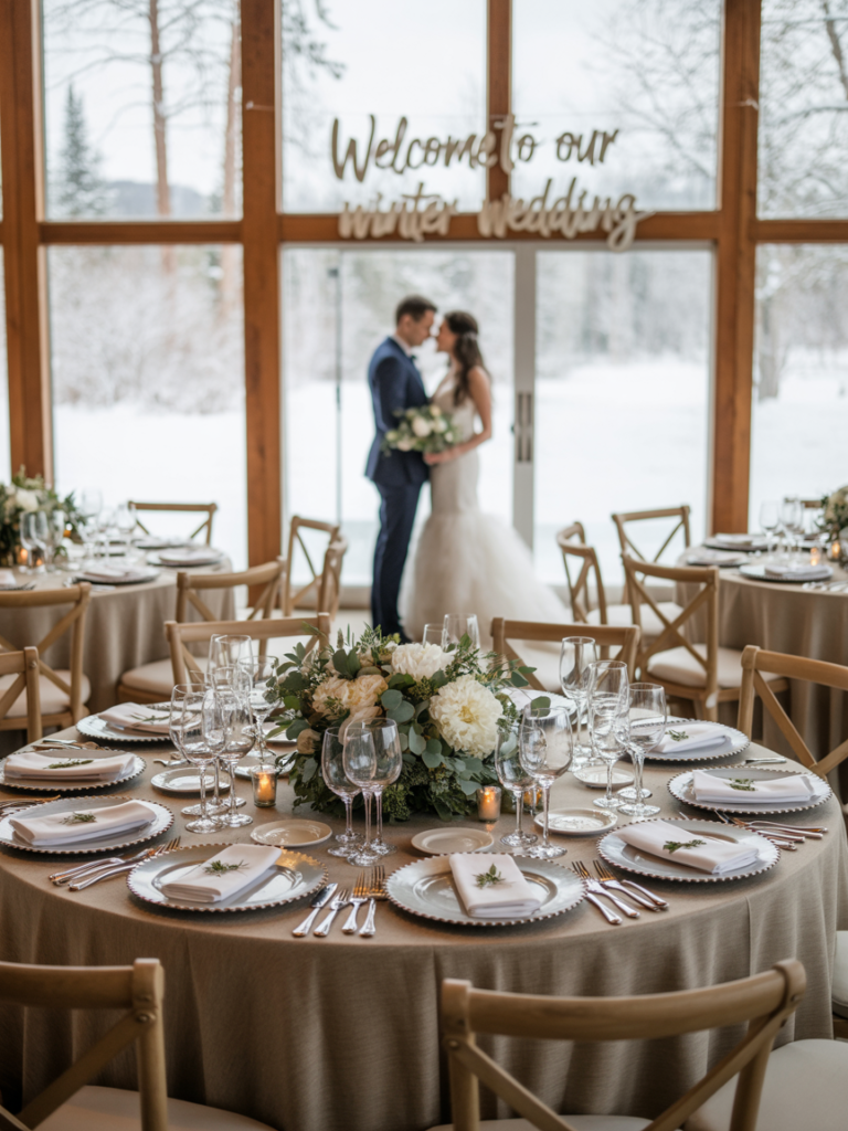 Bride and groom head table styled for a winter wedding with white and blush florals, greenery garland, and elegant place settings labeled “Bride” and “Groom.”