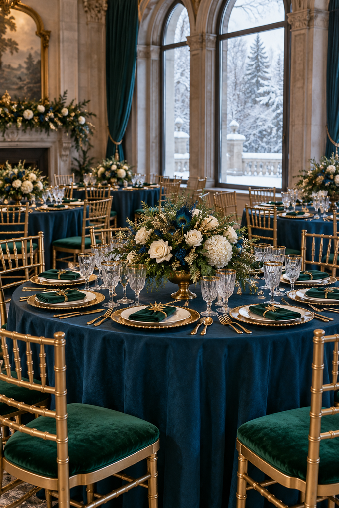 Peacock blue, emerald, and gold winter wedding table