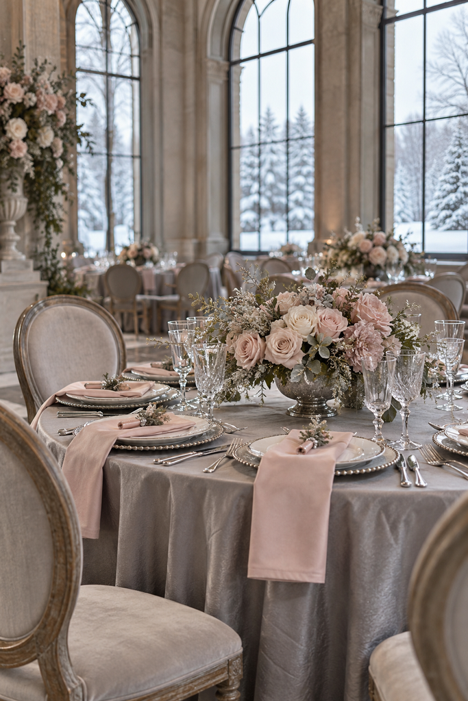 Pearl grey, blush, and silver wedding reception