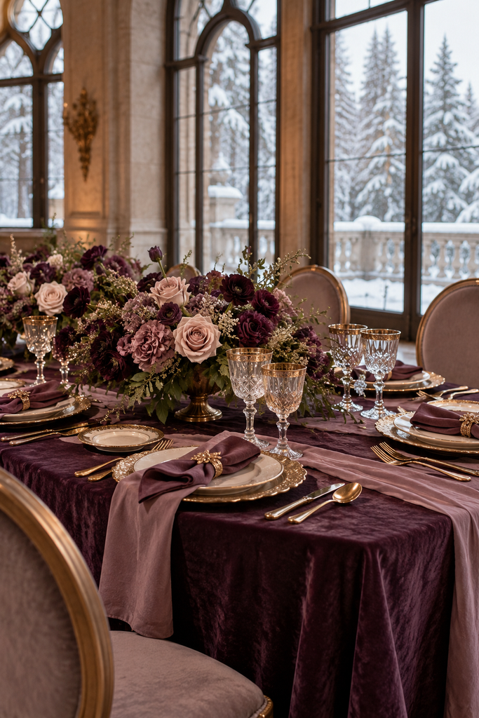 Plum, mauve, and antique gold winter wedding decor