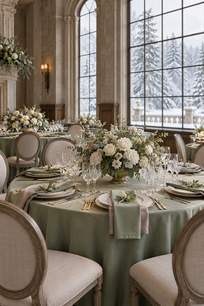 Sage green, taupe, and warm white winter wedding