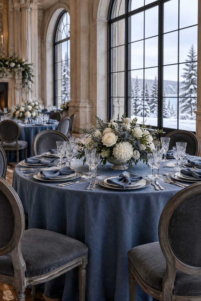 Steel blue, charcoal, and white winter wedding table