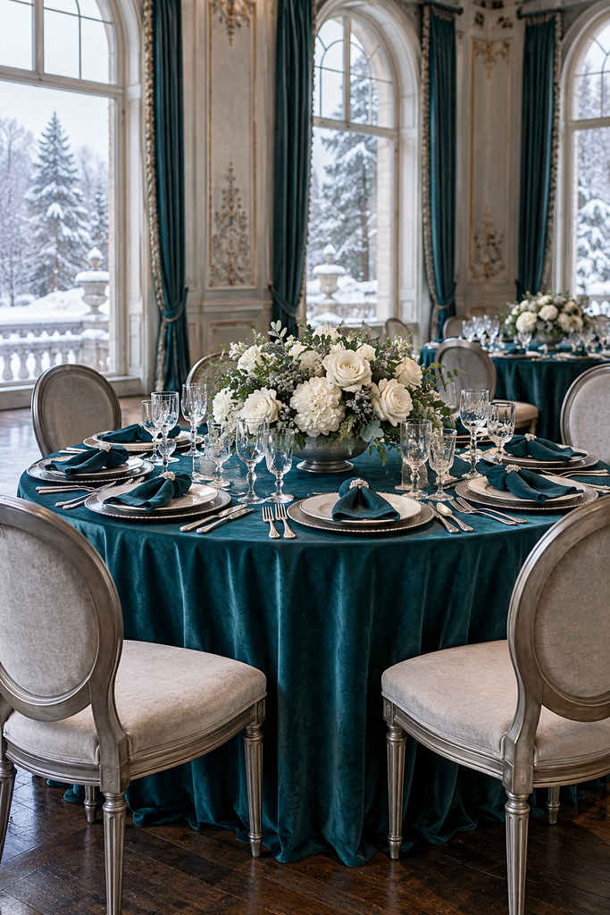 Teal, pewter, and white winter wedding reception
