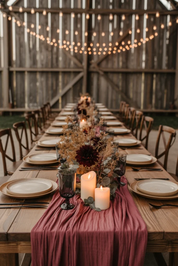 Rustic barn wedding tablescape with matte black flatware and burgundy linens