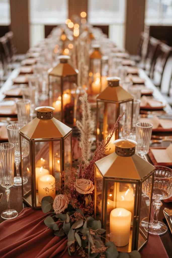 Brass lantern centerpieces with candles for a moody fall wedding reception