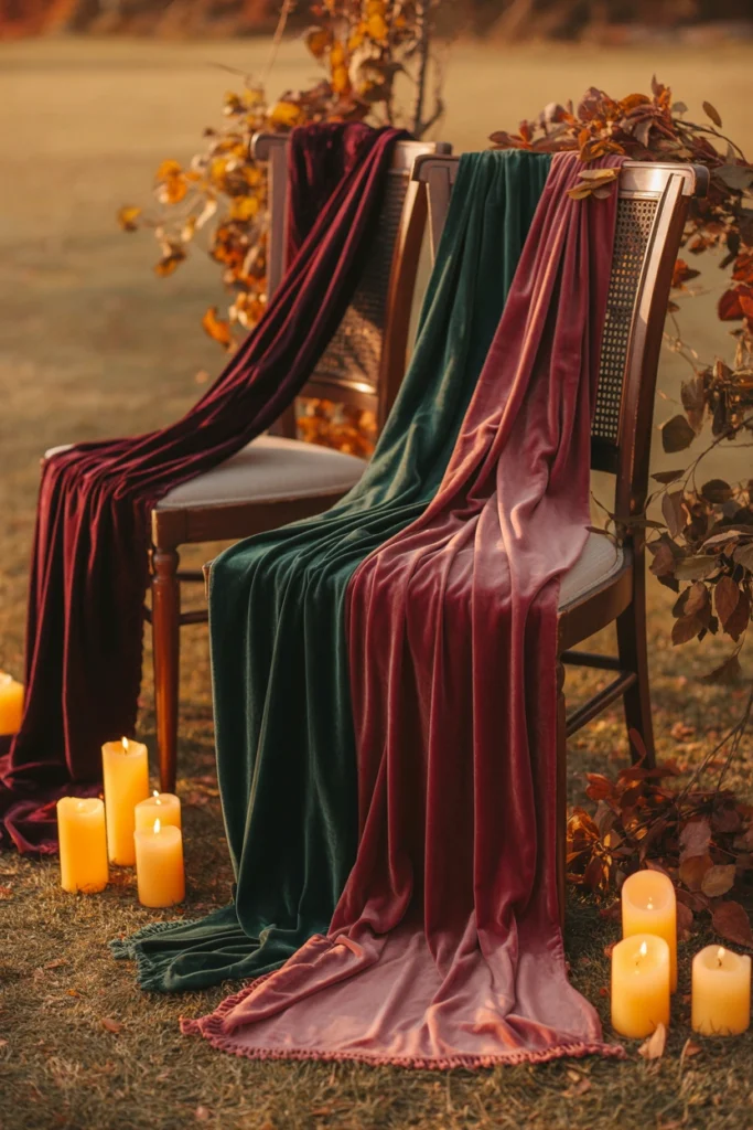 Bride and bridesmaids wearing velvet shawls for a fall wedding