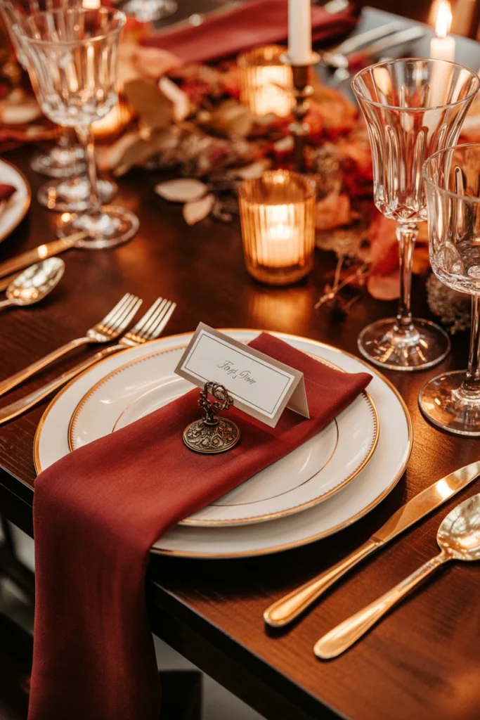 Brass place card holder on a burgundy linen napkin place setting