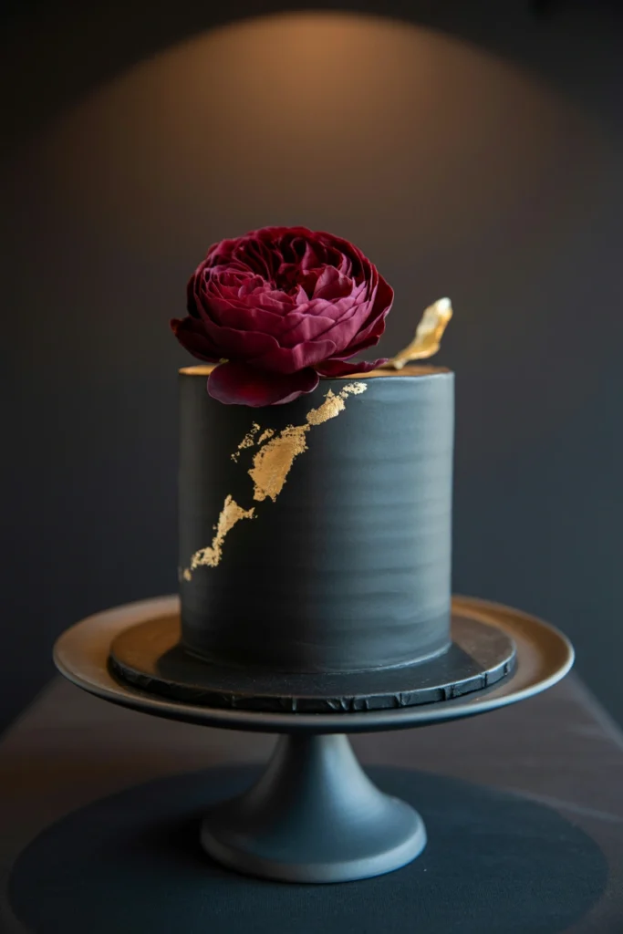 Matte black wedding cake with a single burgundy rose topper