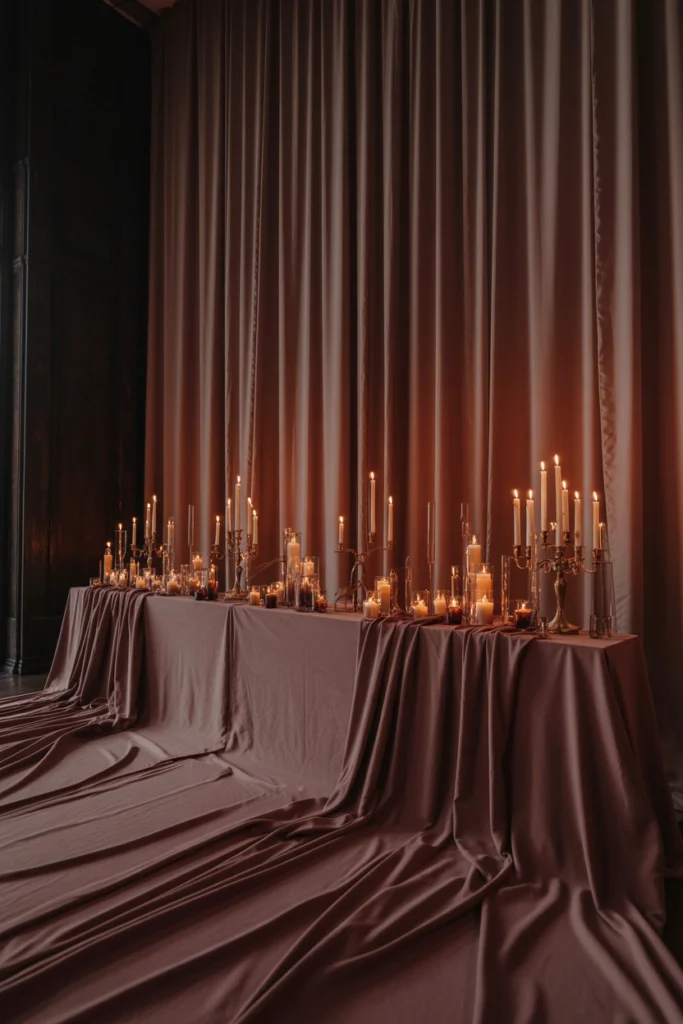 Candlelit wedding ceremony backdrop with burgundy velvet drapery and taper candles