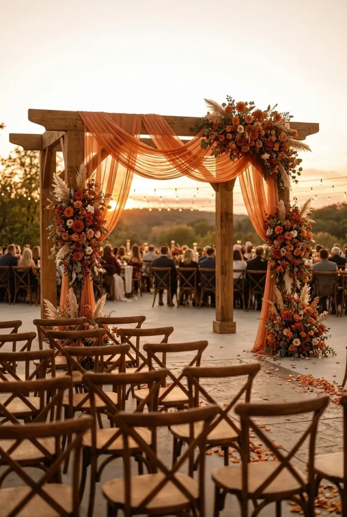 A wooden arbor draped in sheer sunset-orange fabric with two clusters of burnt orange florals cascading down each side, ceremony chairs facing it in soft focus.